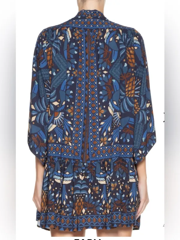 Farm Rio Tropical Magic Blue Patterned Tie-Neck Women’s Dress Size Medium - Image 3