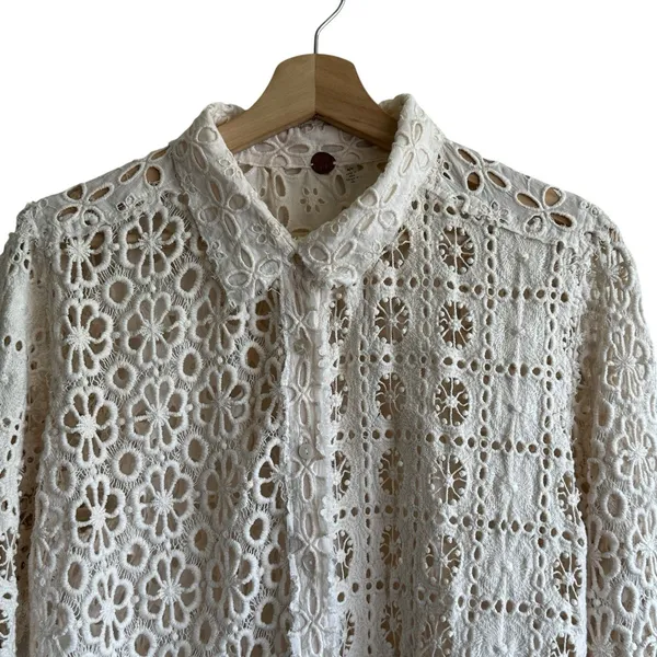 Free People FP One Yesenia Blouse M Crochet Embroidered Button Down Ivory Boho - Image 5