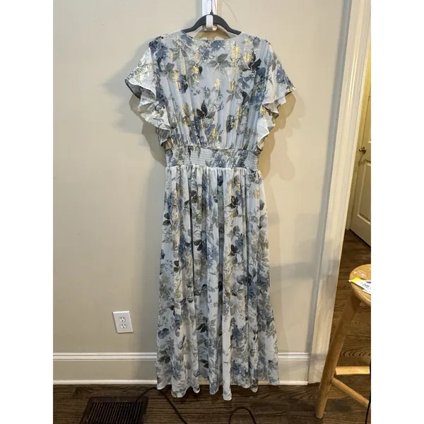 Baltic Born Lynlee Metallic Maxi Dress in Dusty blue Size 1XL Floral Gold - Image 3