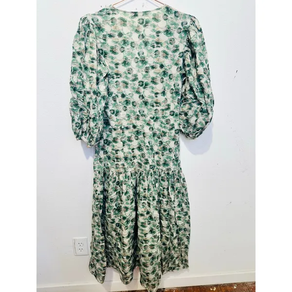 MARYSIA Green White Floral Printed 100% Cotton Drop Waist Imperialis Dress M - Image 4