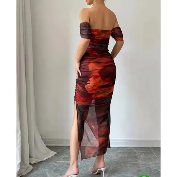 NEW Off-Shoulder Bodycon Ruched Slit Midi Dress L - Image 2