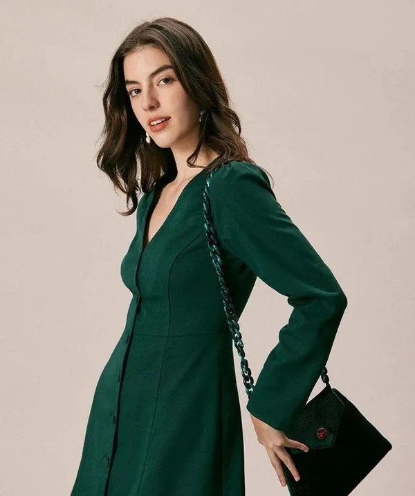 RIHOAS The Green V Neck Button Shirt Mini Dress S - Image 6