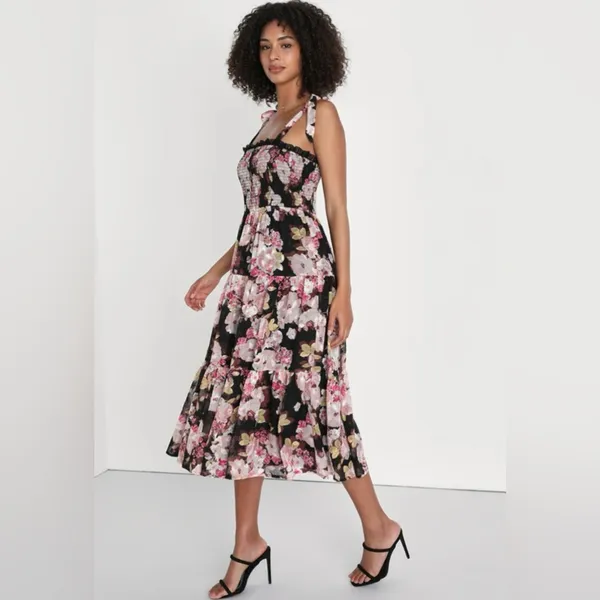Lulus Wowing Wonder Black Floral Jacquard‎ Smocked Tie-Strap Tiered Midi Dress - Image 3