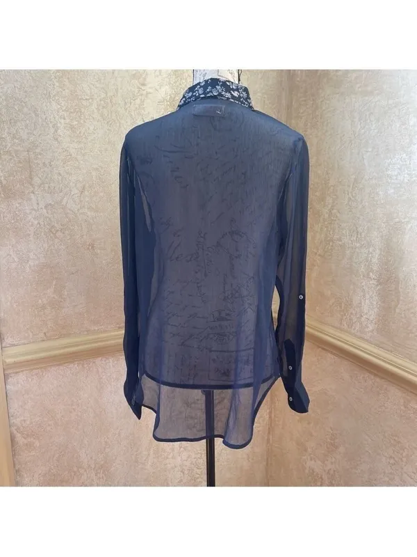 Abercrombie Fitch Women BLUE Chiffon Roll Tab Button Up Shirt Sheer Blouse Top M - Image 6