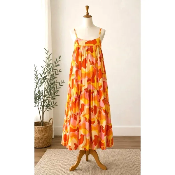 Abel The Label Maxi Dress Women XS Orange Pink Tiered Boho Floral Tropical Beach - Image 2