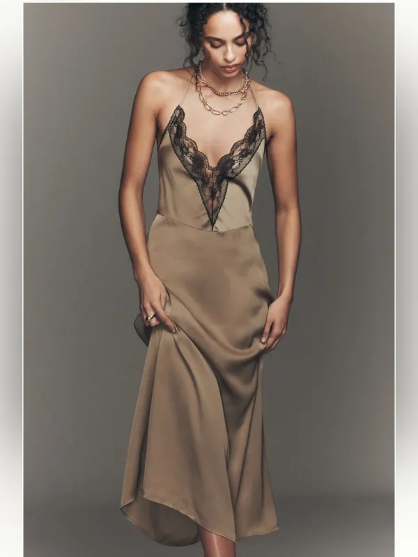 ANTHROPOLOGIE Lace Halter Midi Satin Slip Dress Taupe Size XL NEW - Image 3