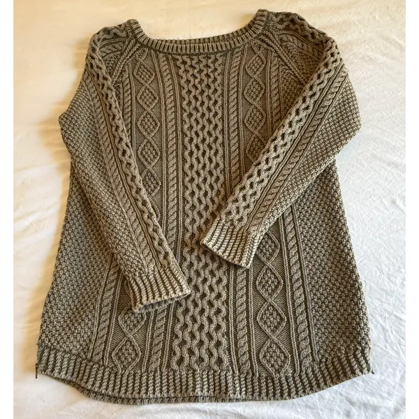 LL Bean Signature Sweater Womens Size L Green Cable Knit Fisherman 100% Cotton - Image 4