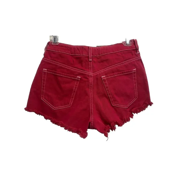 PacSun Red Denim Shorts Raw Hem Size 25 Mid Rise Zip Pockets‎ - Image 4