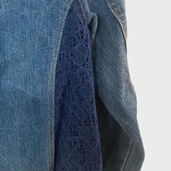 Free People Denim Lace Inset Raw Hem Jean Jacket Size Large - Image 9