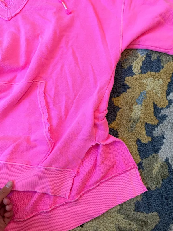 Aerie Bright Pink V-Neck Distressed Hoodie Sweatshirt - Image 4