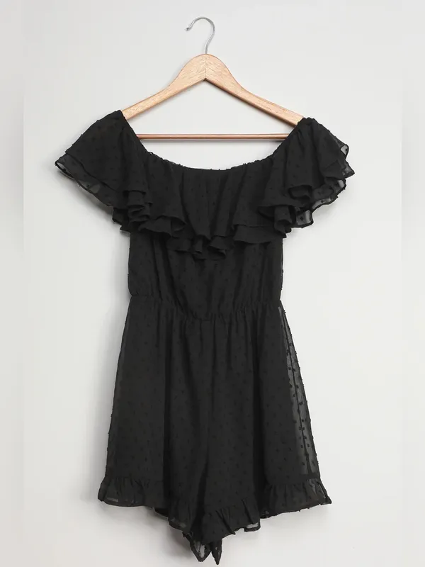 Lulus Frilled to Bits Black Swiss Dot Off-the-Shoulder Romper Size Small NWT - Image 8