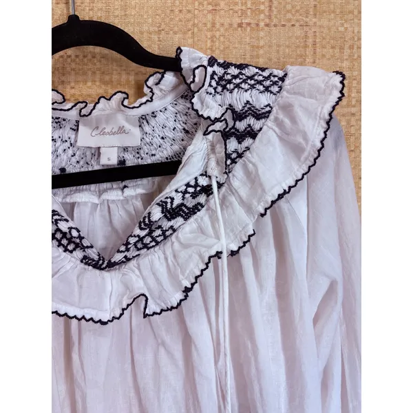 Cleobella Organic Cotton Smocked Ruffle Blouse Womens Small White Navy Tassel - Image 2