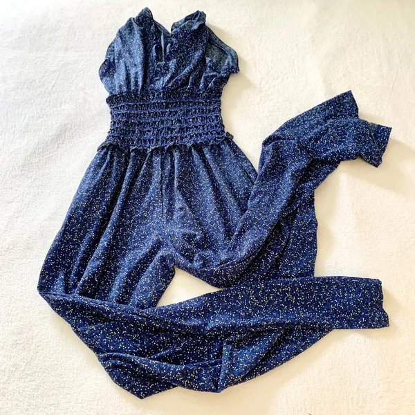 Max Studio Smocked Waist Jumpsuit Womens‎ Size S Blue Floral Ruffle Cap Sleeve - Image 7