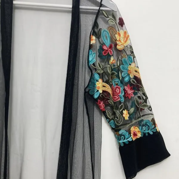 Women Floral Embroidered Mesh Long Jacket Cardigan Casual Coats Beach One Size - Image 6