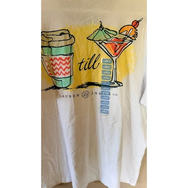 Lauren James White Graphic Pocket Tee Coffee Cocktail “Till” Size L NWOT - Image 4