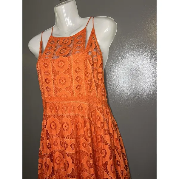 Free People Dress Womens 4 Orange Lace Halter Fit & Flare Short Boho Sundress - Image 5