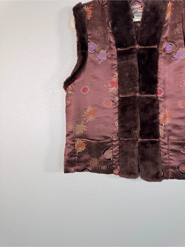 April Cornell Brown Quilted Floral Faux Fur Trim Vest Womens M Fall Boho Vintage - Image 6