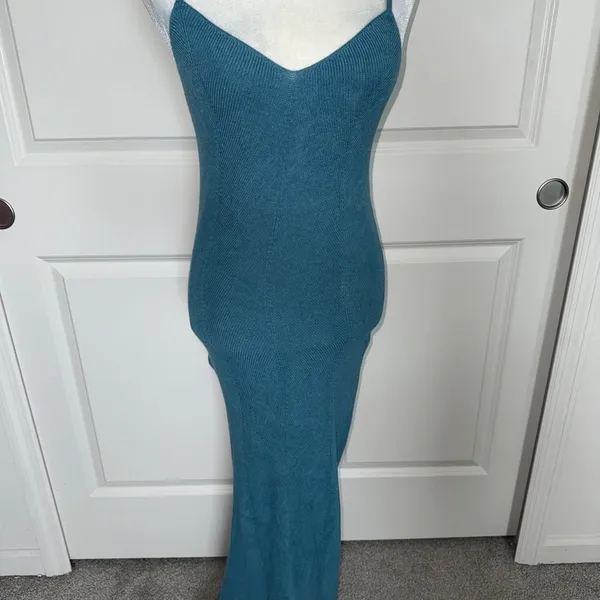 Teal Knit Spaghetti Strap Dress Blue Size M - Image 4