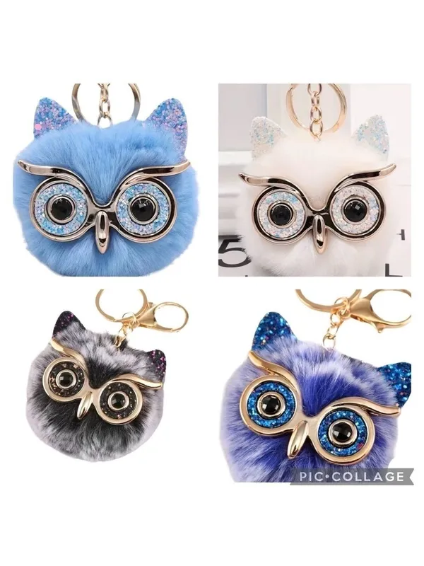 NEW Fluffy Owl Pom Keychain Bag Charm – Frosted Blue, White & Gold | NWT - Image 4
