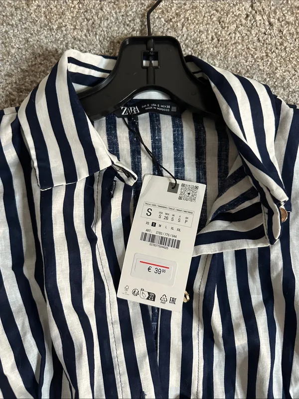 Zara Striped Linen Blend Button-Front Midi Dress Waist Tie - Navy & White - Image 6