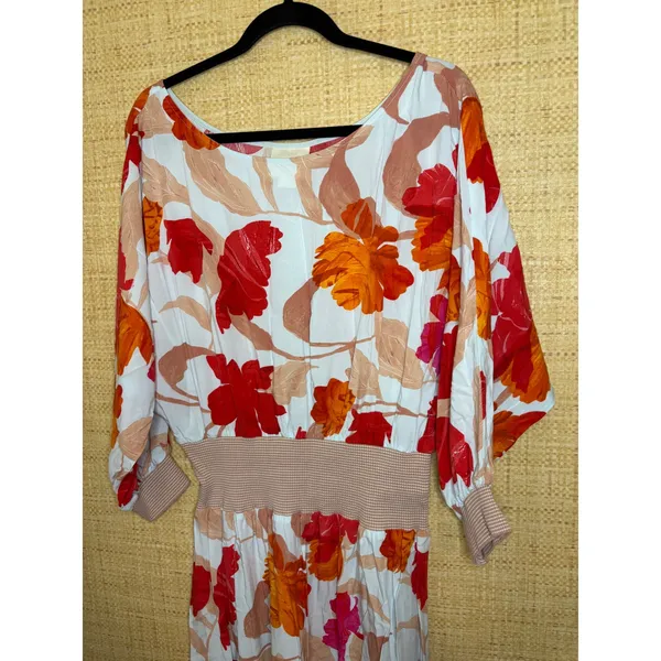 Maeve Anthropologie Floral Smocked Waist Midi Dress Red Orange White Size L‎ - Image 3