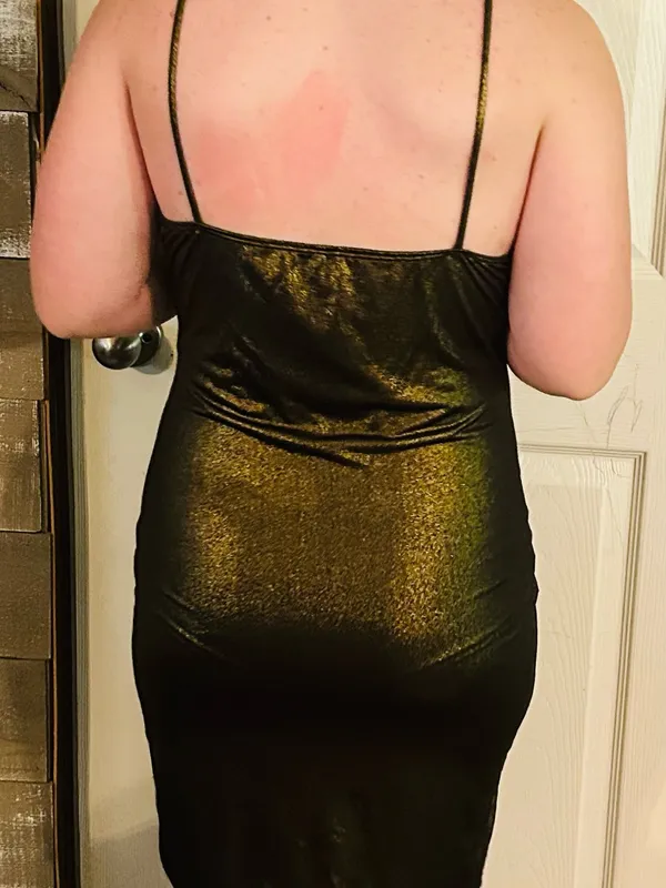Shimmery Olive Green Bodycon V-Neck Dress - Image 2