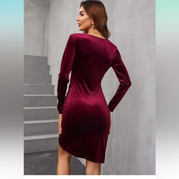NEW Velvet Wrap V Neck L/S Ruched Cocktail Evening Party Dress L - Image 5