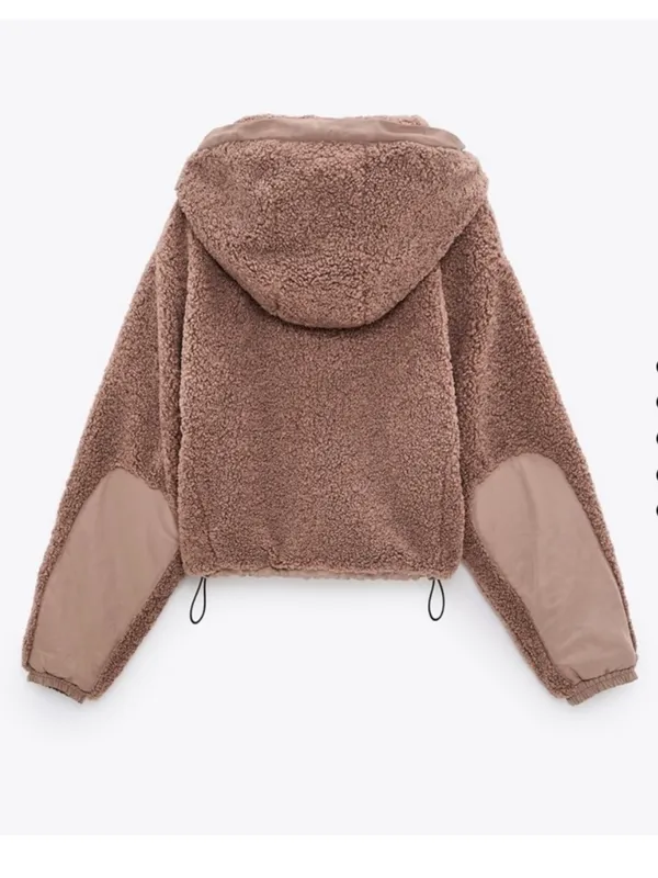 ZARA Sherpa Contrast Hooded‎ Bomber Jacket size Medium Teddy - Image 4