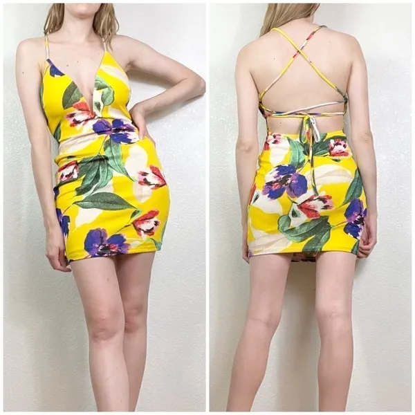 Privy Yellow Tropical Floral Strappy Bodycon Dress - Image 2