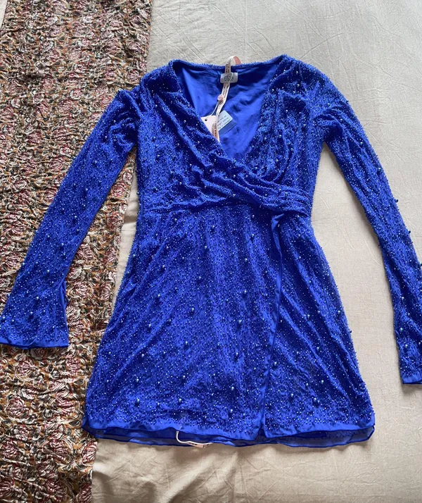 Oh Polly Chelsea Embellished Wrap Mini Dress in Dark Blue - Image 4