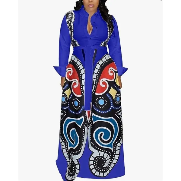 New African Deep V Neck 3/4 Sleeve High Slit Dashiki Maxi Dress 2X - Image 2