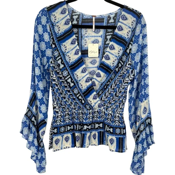 NWT Free People Rosalie Blouse Top‎ Indigo Combo Smocked Bell Sleeve Size Small - Image 5