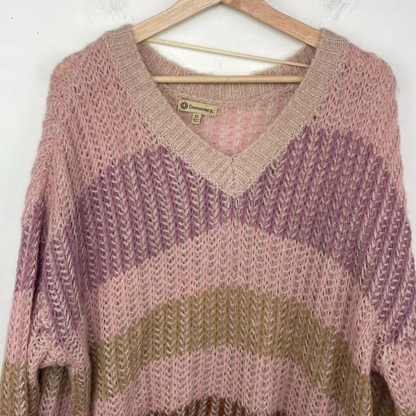 Democracy Chunky Knit V Neck Striped Relaxed Fit Sweater Pullover size XL - Image 2