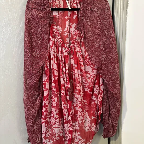 Floral Red Women's Top Free People Hendrix Large Boho Indie Soft Blouse - Image 2