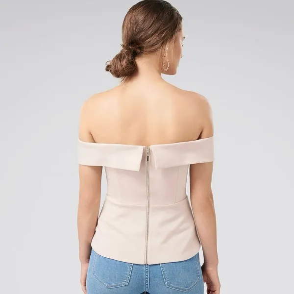 Forever New Pink Shakira Cross Over Off-shoulder Peplum Ponte Zip Top Blouse S - Image 3