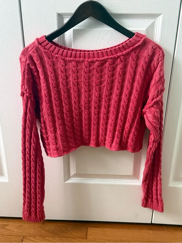 Free People Tuesday Cable Crop Sweater in Red - Image 3
