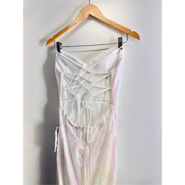 B Darlin Sequined Cowlneck Lace-Up-Back Gown Size 12 Iridescent $129‎ - Image 6