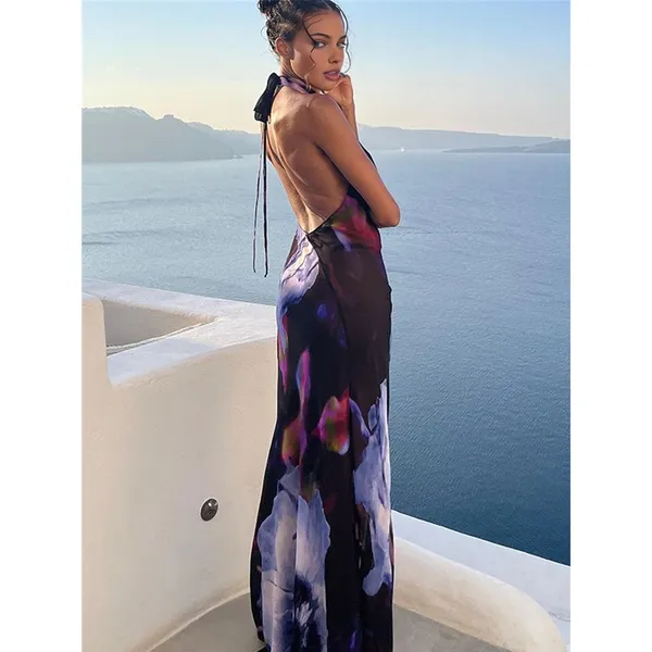 Commense Resort Dark Fairy Floral Print Semi Sheer Backless Halter Black Maxi XS - Image 3