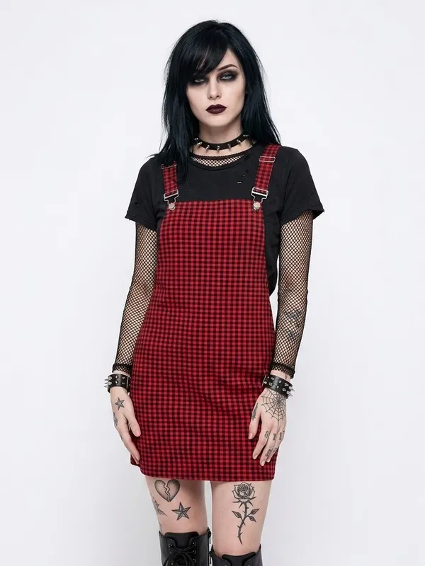 NEW Hot Topic Red Plaid Pinafore overall Mini Dress jumper YOINS NWT - Image 2