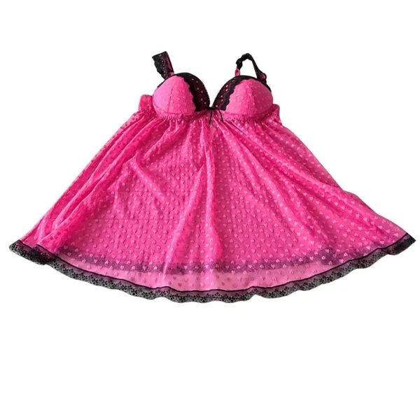 Seductivewear by Cinema Etoile Pink Hearts Babydoll Chemise Black Lace Medium - Image 7