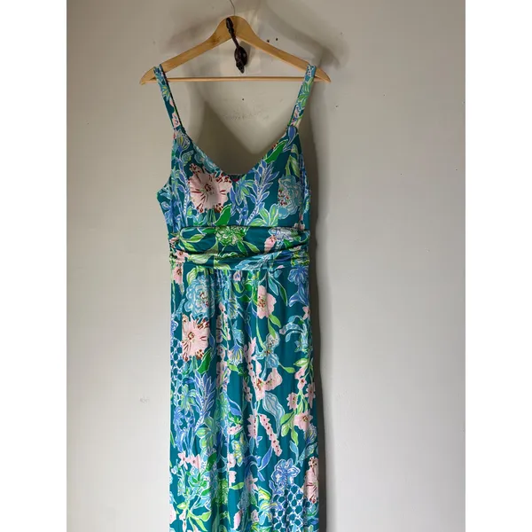 Lilly Pulitzer Floral Maxi Dress Teal Pink Tropical Empire Waist Sleeveless 10 - Image 3
