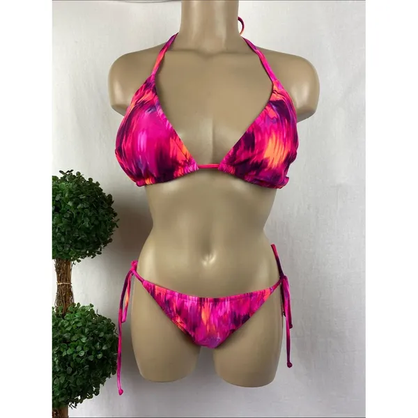 Venus Pink Print 2 Piece Triangle Slide Side Tie String Bikini Swim Suit 8/DD - Image 2
