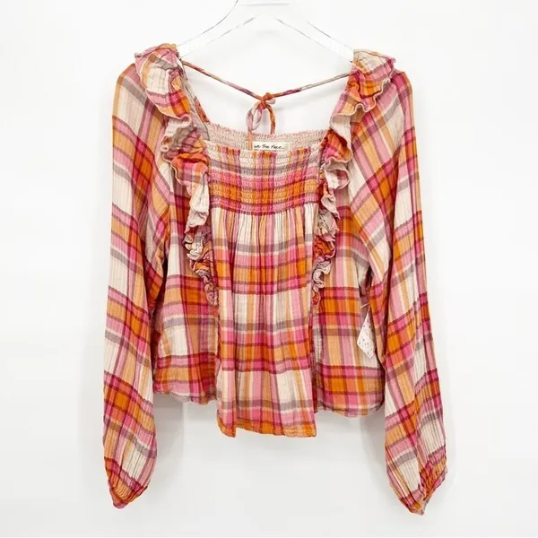 NWT Free People Sienna Plaid Ruffle Long Sleeve Blouse Women's S Prairie‎ Chic - Image 2