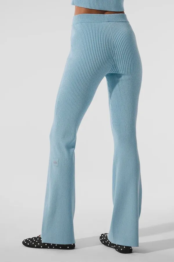 Alo Yoga Denim Knit Ribbed Flare Light Celestial Blue Leggings Pants Size Small - Image 2