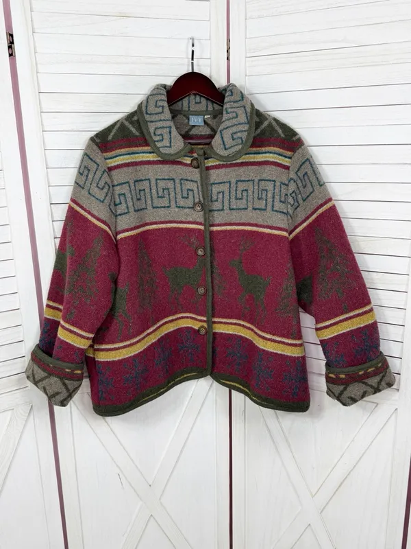Vintage Ivy Wool Blend Blanket Jacket XL Lodge Print‎ Red Multi Western Gorpcore - Image 7