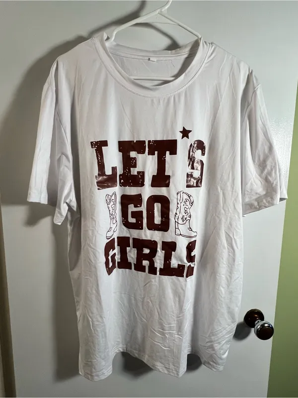 Women’s Size XL T-Shirt White Brown Let’s Go Girls Cowboy Boots Short Sleeve - Image 2