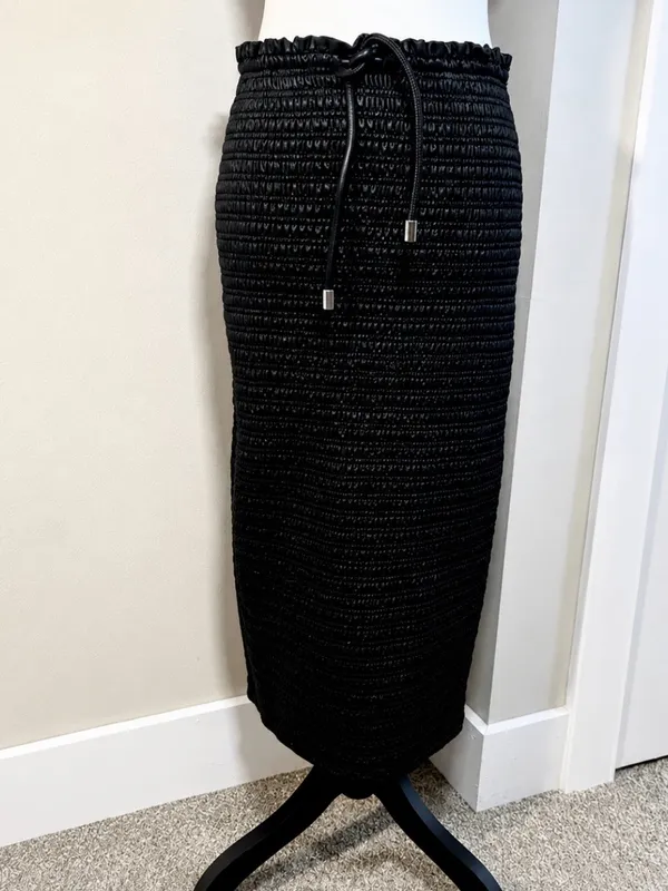 ALC Frank Jaclyn Vegan Leather Smocked Midi Pencil Skirt Black Tie Waist Sz 6 - Image 3