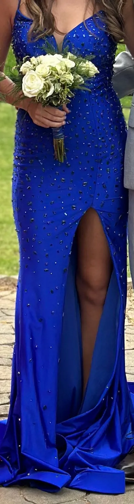 Blue Jonathan Kayne prom dress with slit and open back - Image 3