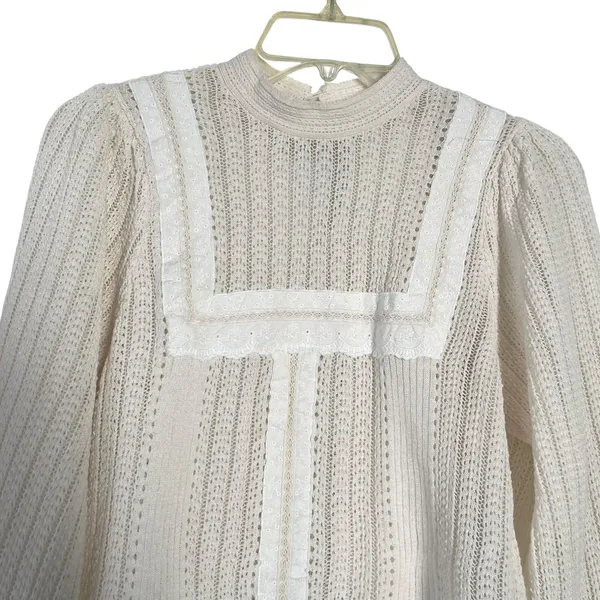Zara Romantic Sheer Knit Top Lace Trim High Neck Keyhole Back Long Sleeve Size S - Image 5