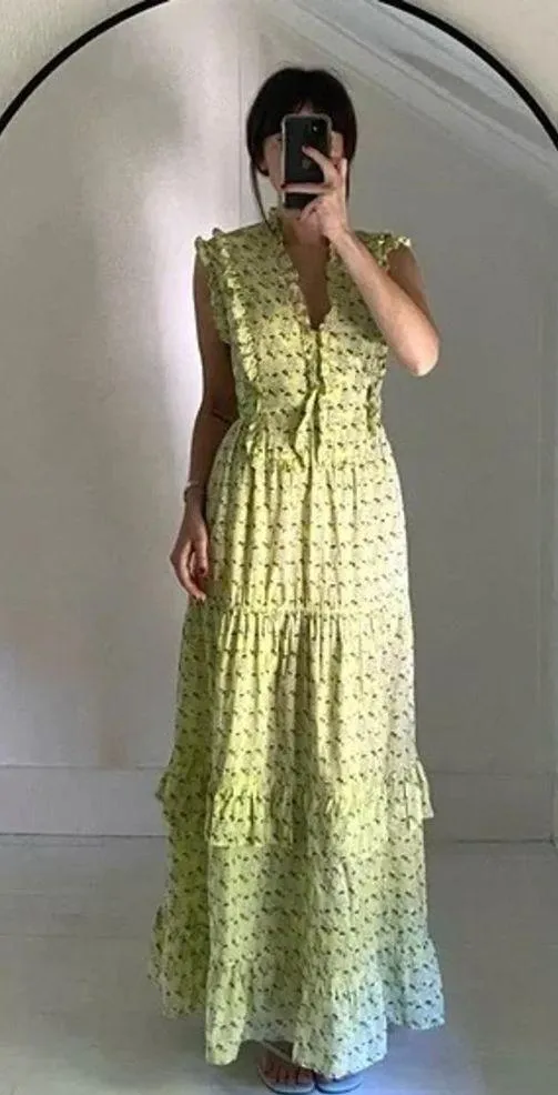 Banjanan Cordelia Floral Tiered Ruffle Midi Dress Yellow Size XS Retail $285 - Image 2